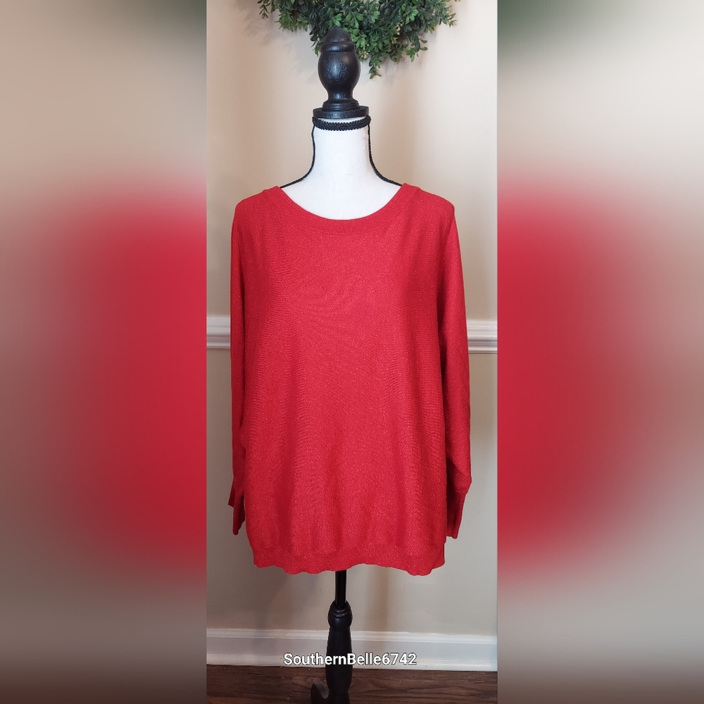 INC Sparkled Metallic Red Bat Wing Sweater 1X International Concepts Holiday